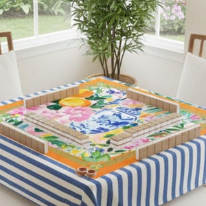 Sunny Side Up Citrus Orange Blue Floral Chinoiserie Mahjong Mat