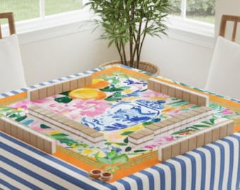 Sunny Side Up Citrus Orange Blue Floral Chinoiserie Mahjong Mat