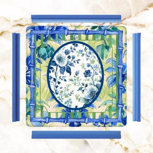 Toile de Jouy Mahjong Mat, Mahj Game, Green, Blue Bamboo Border, Preppy Style Mahjong