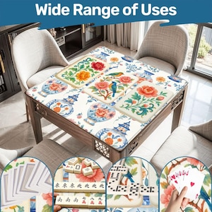 MAHJONG TABLE Mat, Watercolor Floral Bird MAHJ Tiles, Non-Slip Waterproof Game Table Mat
