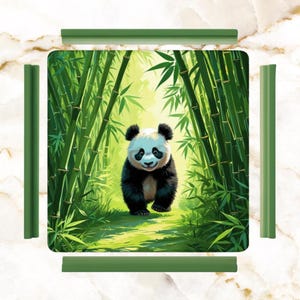 May include: A digital illustration of a panda bear in a bamboo forest. The panda is black and white with a smiling expression. The background features tall green bamboo stalks and lush foliage, with sunlight filtering through.