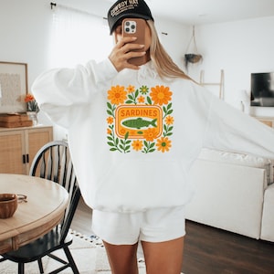 Tinned Fish Sardine Hoodie, Colorful Sardines Floral Hoodie, Unisex Nautical Sweatshirt for Fish Lovers
