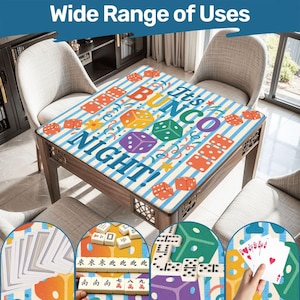 May include: A wooden table with a colorful "It's Bunco Night!" design on the tabletop. The design includes dice, stars, and streamers on a blue and white striped background. The image also shows game pieces like cards and dominoes.