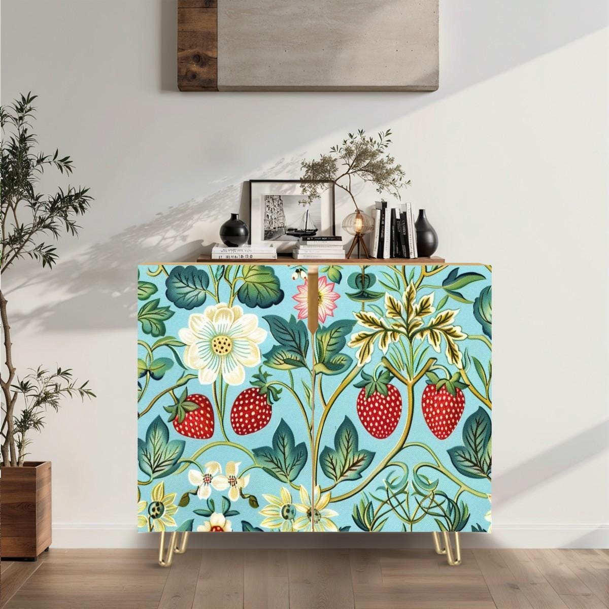 William Morris Designed Credenza Wooden Storage Cabinet, Floral Modern Designed, Strawberries, Elegant Blue Sideboard