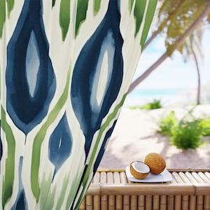 Boho Ikat Window Curtain, Navy Blue Green Ikat Abstract, Bohemian Chic Home, Watercolor Pattern