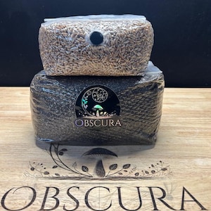 May include: Two bags of grain, one black and one brown, are stacked on top of each other. The bags are sealed with clear plastic and have a sticker with the word "OBSCURA" on them. The bags are sitting on a wooden surface.