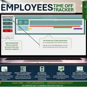 Puede incluir: Una pantalla de portátil muestra un rastreador de tiempo libre para empleados basado en Excel. La interfaz incluye botones de navegación, un calendario y campos de datos. El texto en la pantalla destaca características como la navegación fácil y la información instantánea.