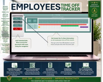 May include: A laptop screen displays an Excel-based time-off tracker for employees. The interface includes navigation buttons, a calendar, and data fields. Text on the screen highlights features like easy navigation and instant information. The design is professional and automated.