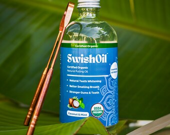 SwishOil Organic Oil Pulling Coconut Peppermint With Copper Tongue Scraper & Bamboo Toothbrush Natural Whitening and Fresh Breath (8 fl oz)