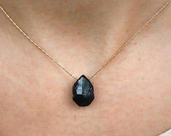 Black Tourmaline Necklace, Raw Tourmaline Choker Necklace, Tourmaline Necklace Gold Silver, Adjustable Chain, Tourmaline Drop Necklace