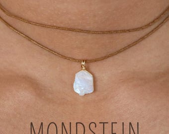 Collier ras du cou en coton avec pierre de lune brute, collier en pierre de lune, collier ras du cou en pierres précieuses, pierre de lune arc-en-ciel, bijoux naturels, collier en cristal