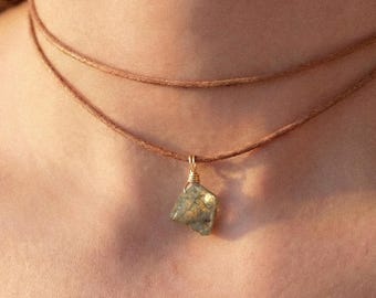 Labradorite necklace, raw labradorite choker on a cotton cord, labradorite pendant in gold and silver, crystal necklace, gemstone choker, healing stone
