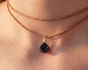 Raw black tourmaline choker, tourmaline pendant on cotton cord, black tourmaline pendant in gold and silver, protective stone, crystal necklace
