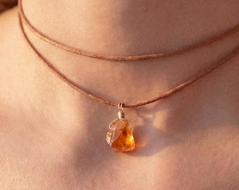 Raw citrine choker, citrine pendant on cotton cord, citrine pendant gold silver, lucky charm joy, crystal necklace, citrine choker