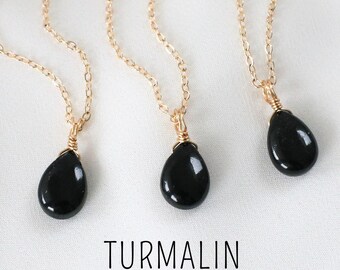 Black Tourmaline Necklace – Hand-Wound Tourmaline Pendant, Gemstone Necklace, Crystal Necklace Gold / Silver, Tourmaline Drop
