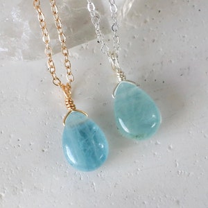Genuine aquamarine necklace, aquamarine drop pendant on gold or silver necklace, aquamarine necklace in different lengths, crystal necklace