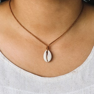 Puede incluir: Un collar sencillo de cordón marrón con un colgante de concha blanca.