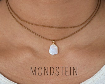 Roher Mondstein Choker Baumwollkette, Mondstein Kette, Edelstein Choker, Regenbogen Mondstein, Naturschmuck, Kristall Kette