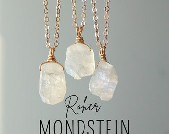 Roher Mondstein Halskette gold oder silber, Mondstein Kette, Edelstein Kette, Mondstein Anhänger, Kette Heilstein, Kristall Kette