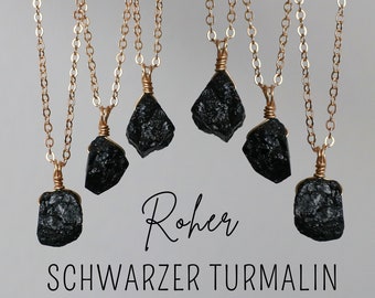 Roher schwarzer Turmalin Halskette gold oder silber, schwarzer Turmalin Kette, Edelstein Kette, Turmalin Anhänger, Heilstein, Kristall Kette