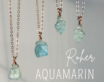 Roher Aquamarin Halskette gold oder silber, Aquamarin Kette, Edelstein Kette, Aquamarin Anhänger, Geburtssteinkette März, Kristall Kette