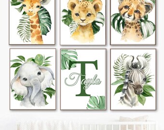 Toile imprimée murale personnalisée animaux savane tons verts lion éléphant panthère girafe zèbre rhino - Décoration chambre enfant - Cadeau