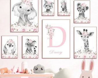 Toile imprimée murale personnalisée animaux fleuris lion éléphant panthère girafe zèbre panda tigre - Décoration chambre enfant - Cadeau