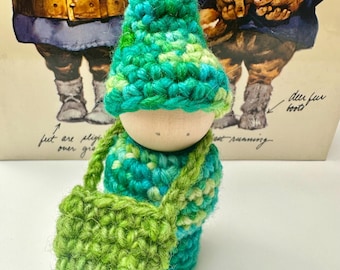 4" wood peg doll gnome with wool outfit