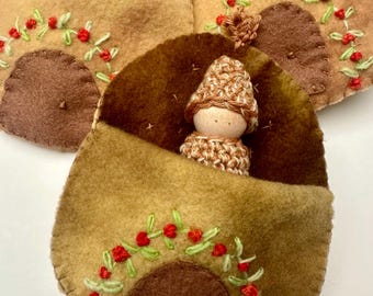 Wool Acorn Pouch with Wood Peg Doll: Waldorf Inspired Toy