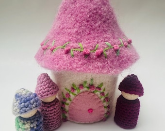 Felted Wool Gnome Cottage with Wood Peg Dolls