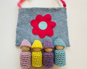 Peg dolls in a pouch set ready to ship