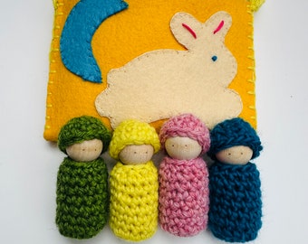 Peg dolls in a pouch set ready to ship