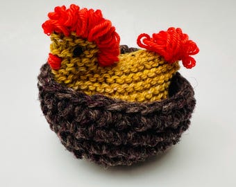 Hen and egg set in a wool nest Waldorf inspired