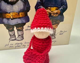 4" wood peg doll gnome with wool outfit