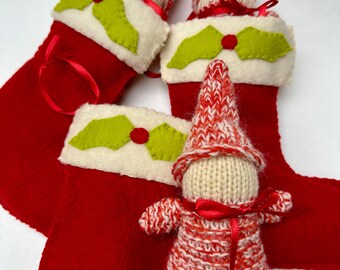 Wool Christmas stocking with knit gnome doll Waldorf inspired toys
