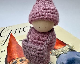 4" wood peg doll gnome with wool outfit