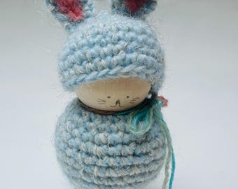Waldorf Inspired Wood Bunny with Wool Outfit, 5"
