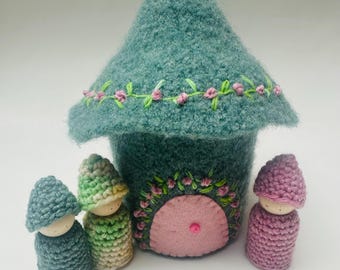 Felted Wool Gnome Cottage with Wood Peg Dolls