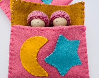 Peg dolls in sleeping bag set ready to ship