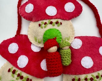 Wool Mushroom Pouch with Wood Peg Doll Waldorf Inspired Toy
