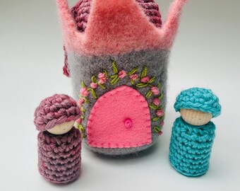 Felted Wool Castle Purse with Wood Peg Dolls