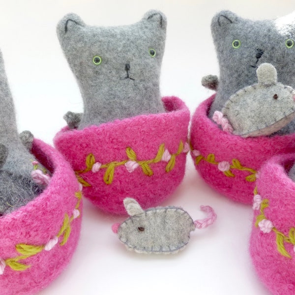 A kitten and a mouse in a felted wool basket set Waldorf inspired ready to ship