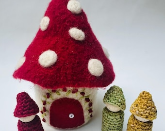 Felted Wool Gnome Cottage with Wood Peg Dolls