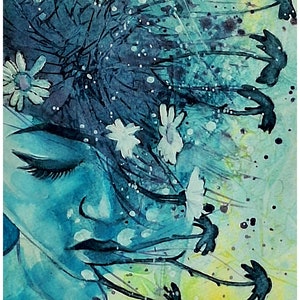 May include: A watercolor painting of a woman's face with closed eyes. The woman's hair is flowing and appears to be made of dandelion seeds. The background is a mix of blue, green, and yellow.