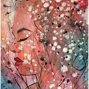 May include: Watercolor painting of a woman's face with closed eyes, surrounded by white flowers and black dots on a pink and blue background. The artist's signature is visible in the bottom right corner.