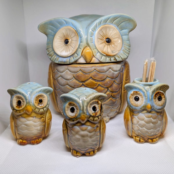 4 pc Set Ceramic Owl Canister-Toothpick Holder-Salt & Pepper Shakers