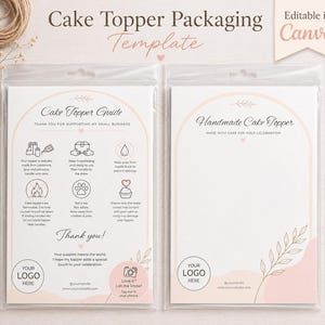 Pode incluir: Duas embalagens de plástico transparente contendo modelos de embalagem de topo de bolo. A embalagem esquerda tem um guia com ícones e texto, incluindo "Cake Topper Guide" e "Thank you for supporting my small business." A direita diz "Handmade Cake Topper."