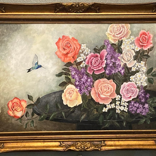 Hummingbird Visiting Roses Artwork by Sara Lynn