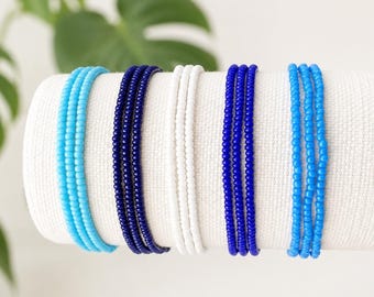 Blue Bead Bracelet Stretch Seed Jewelry Set Stackable Band Layered Ocean Sky Strand Bundle Turquoise Navy Royal Back School Sports Teams