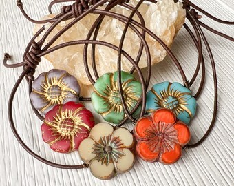 Boho Beauty Flower Bead Adjustable Leather Bracelet Welcome Gift For New Coworker Friendship Jewelry